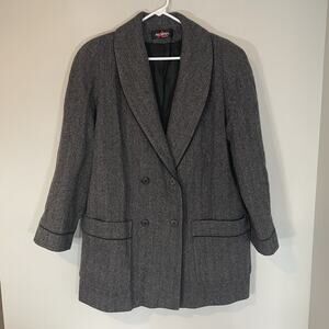 Alorna Vintage‎ Wool Coat Herringbone Double Breasted Wool Size L Gray Black